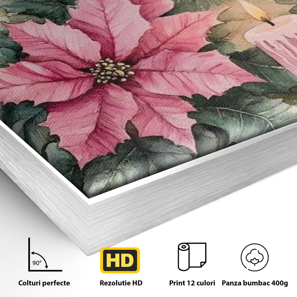 Detaliu al suprafetei: tablou cu lumanari si flori poinsettia, in rama de aluminiu argintiu
